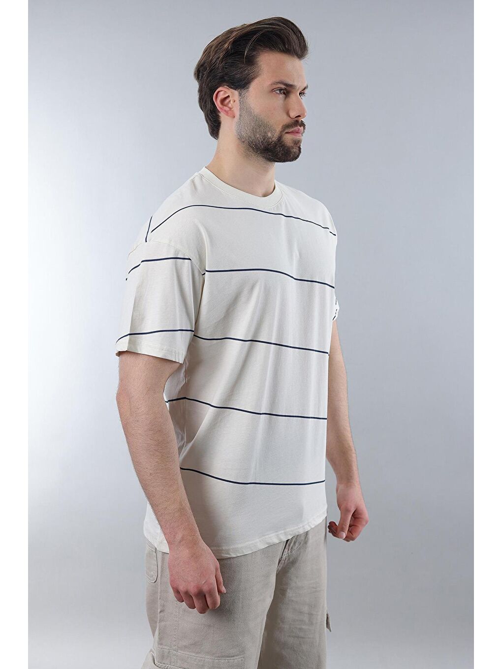 Ekru Bisiklet Yaka Basic Çizgili Erkek %100 Pamuk Tişört E7102-3