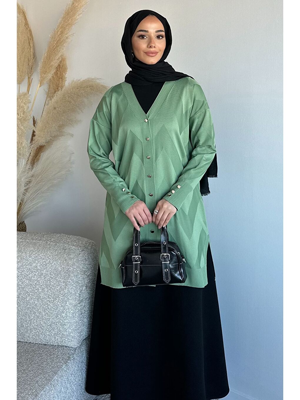 Yeşil Ön Düğmeli Desenli Tesettür Triko Hırka (m-l-xl Uyumludur)-3