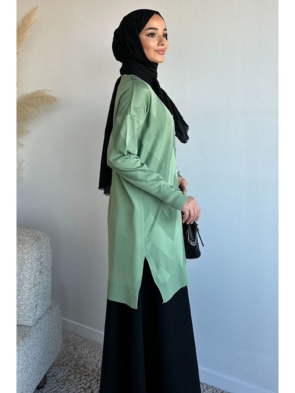 Yeşil Ön Düğmeli Desenli Tesettür Triko Hırka (m-l-xl Uyumludur)-4