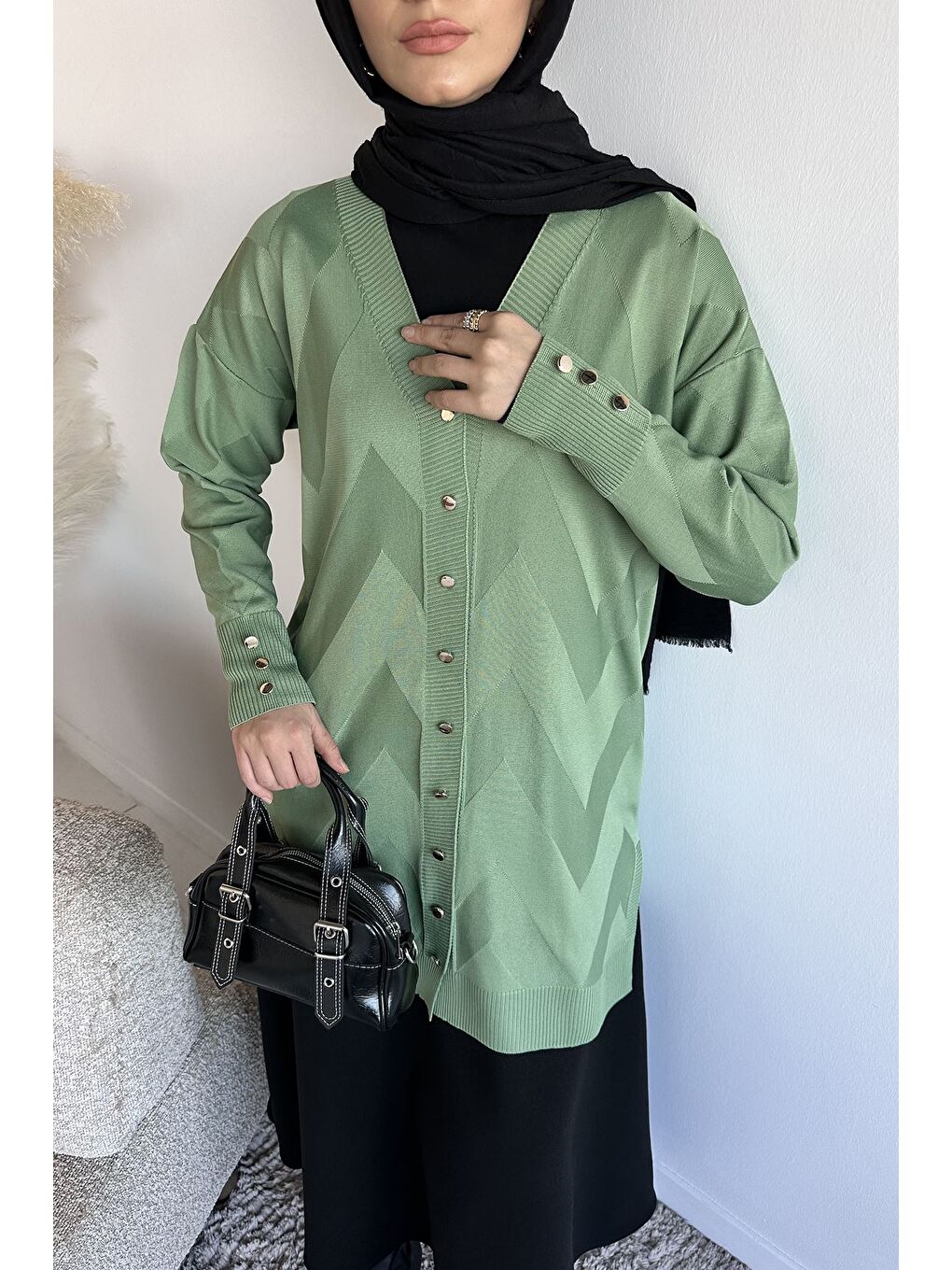 Yeşil Ön Düğmeli Desenli Tesettür Triko Hırka (m-l-xl Uyumludur)-7