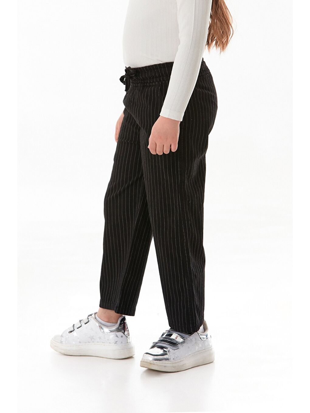 Siyah %100 Pamuk Çizgili Beli Lastikli Kız Çocuk Pantolon-1