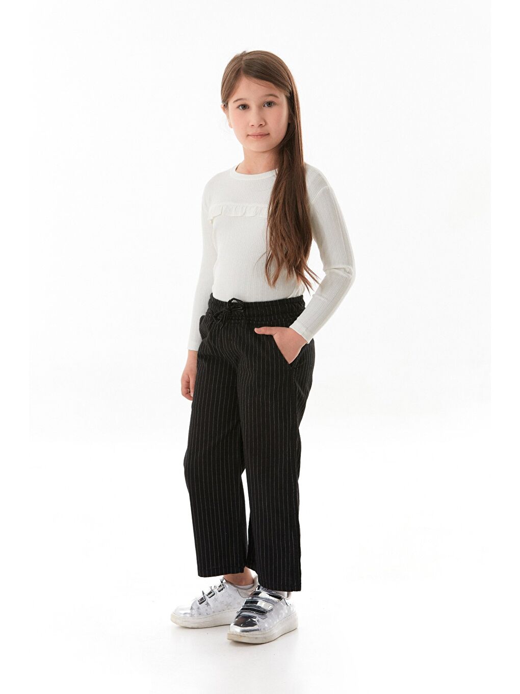 Siyah %100 Pamuk Çizgili Beli Lastikli Kız Çocuk Pantolon-4