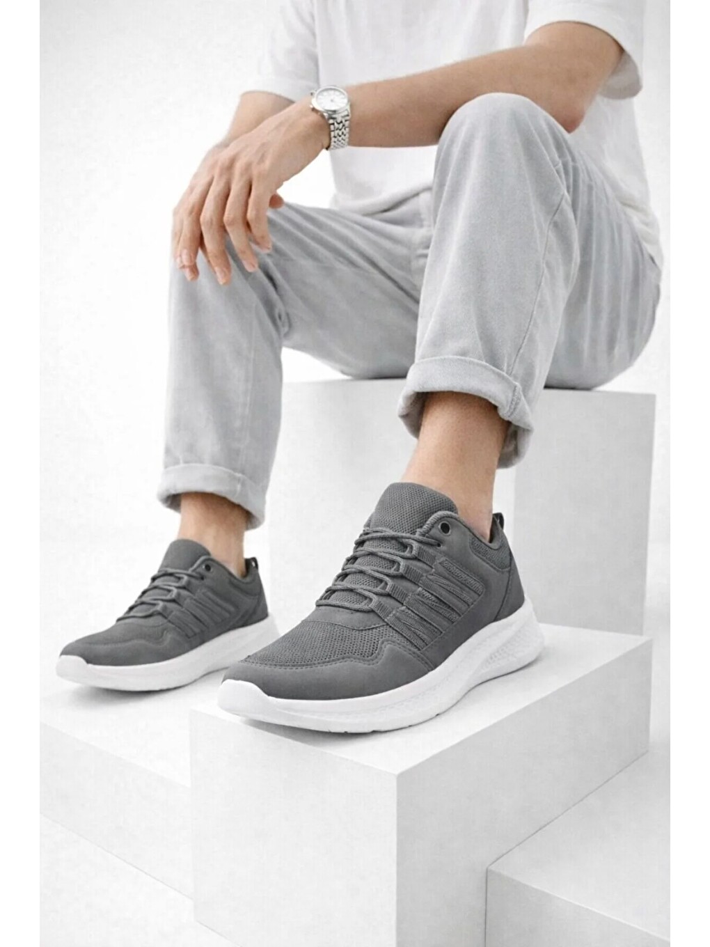 Gri Erkek Günlük Spor Ayakkabı Hafif Taban Nefes Alabilen Fileli Kaymaz Rahat Sneaker-2