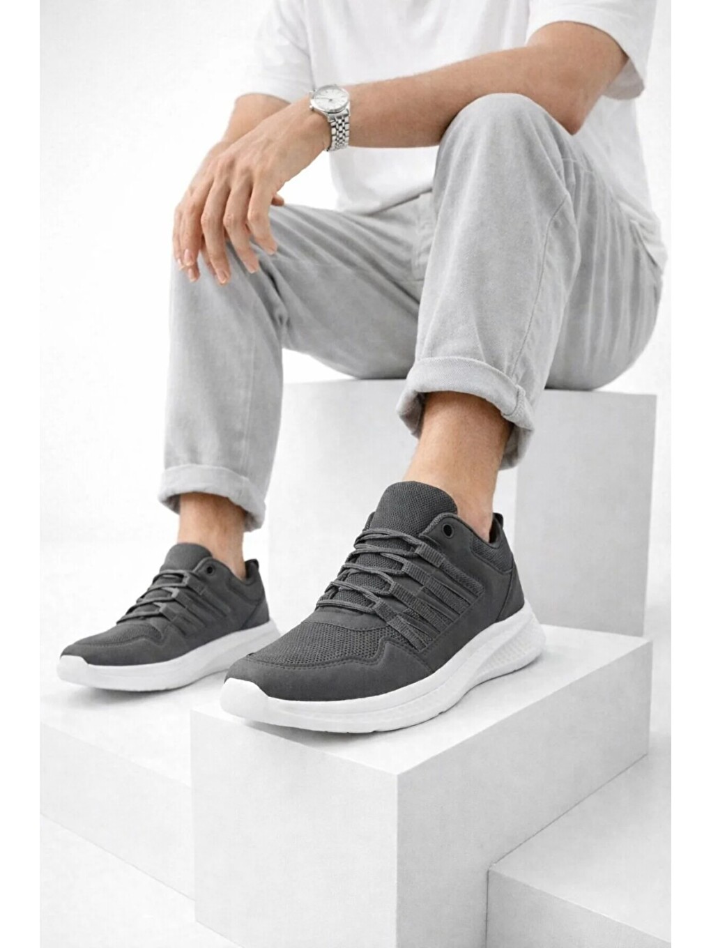 Gri Erkek Günlük Spor Ayakkabı Hafif Taban Nefes Alabilen Fileli Kaymaz Rahat Sneaker-3