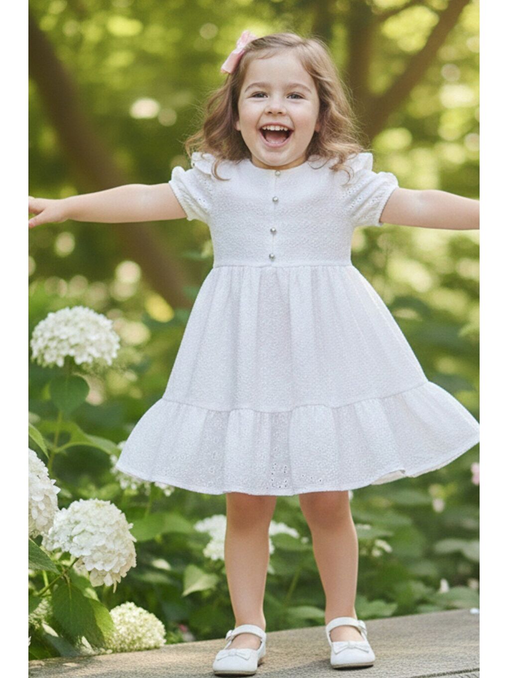 Kız Çocuk Beyaz Fisto Kumaş Düğmeli Yazlık Elbise 12527-1