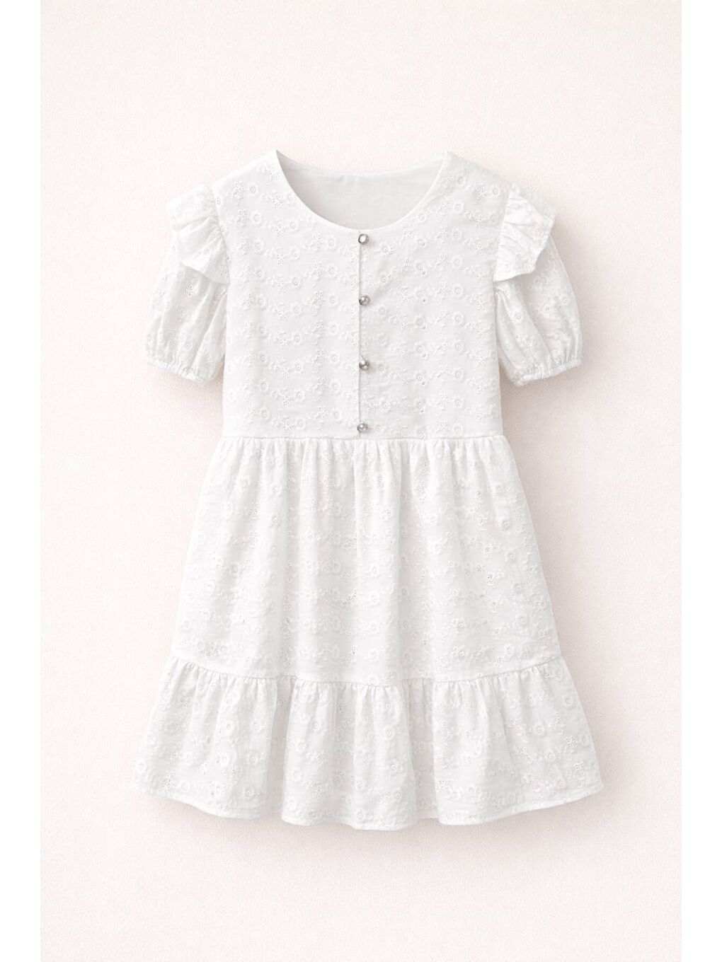 Kız Çocuk Beyaz Fisto Kumaş Düğmeli Yazlık Elbise 12527-2