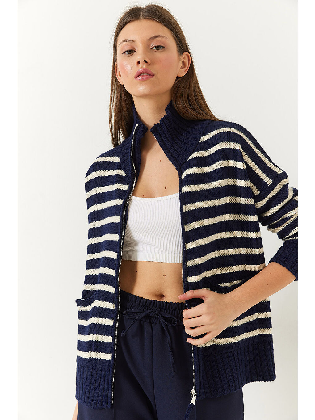 Lacivert Kadın Çizgili Fermuarlı Triko Hırka-2