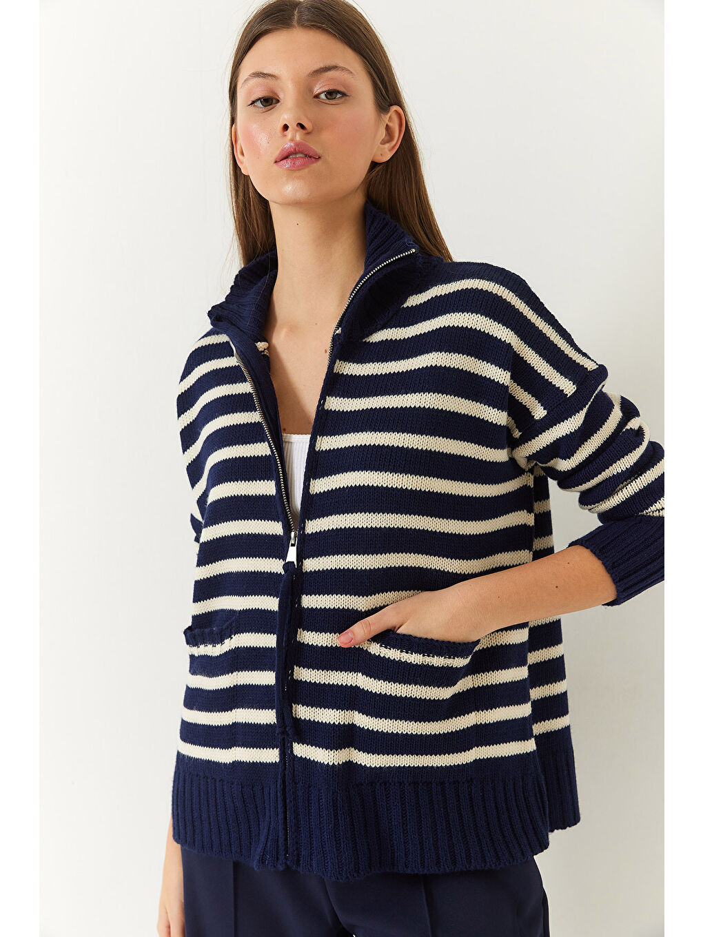 Lacivert Kadın Çizgili Fermuarlı Triko Hırka-3
