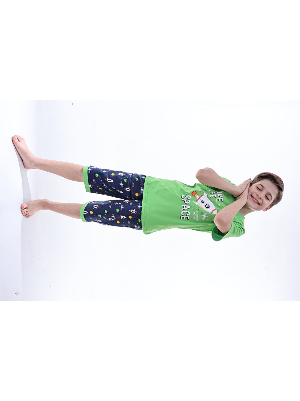 Yeşil Erkek Çocuk %100 Doğal Pamuk Kısa Kollu  Kaprili Pijama Takımı-1