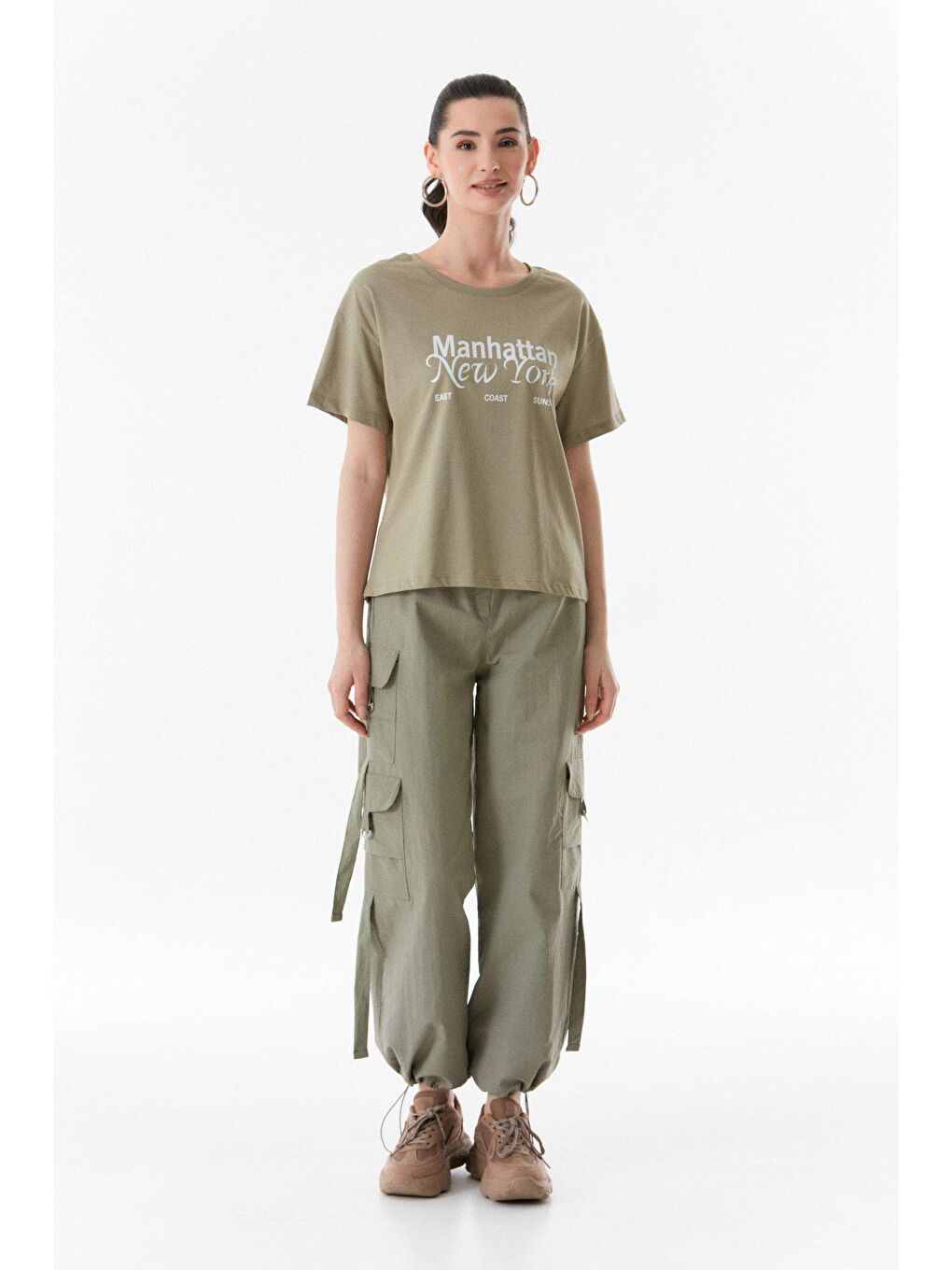 Haki Manhattan New York Baskılı Bisiklet Yaka Tişört-1