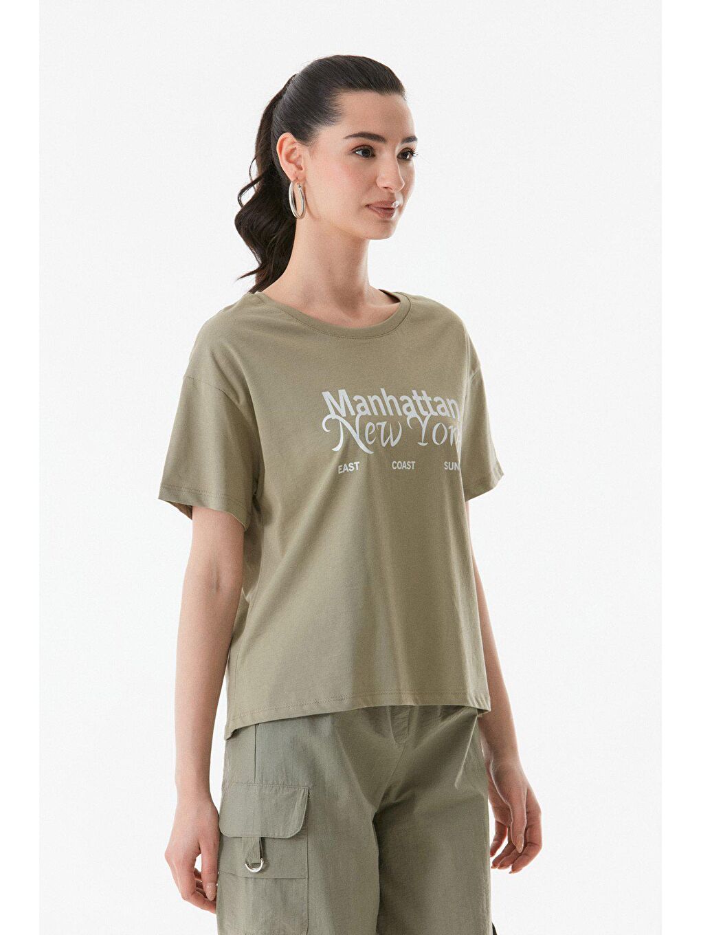 Haki Manhattan New York Baskılı Bisiklet Yaka Tişört-2