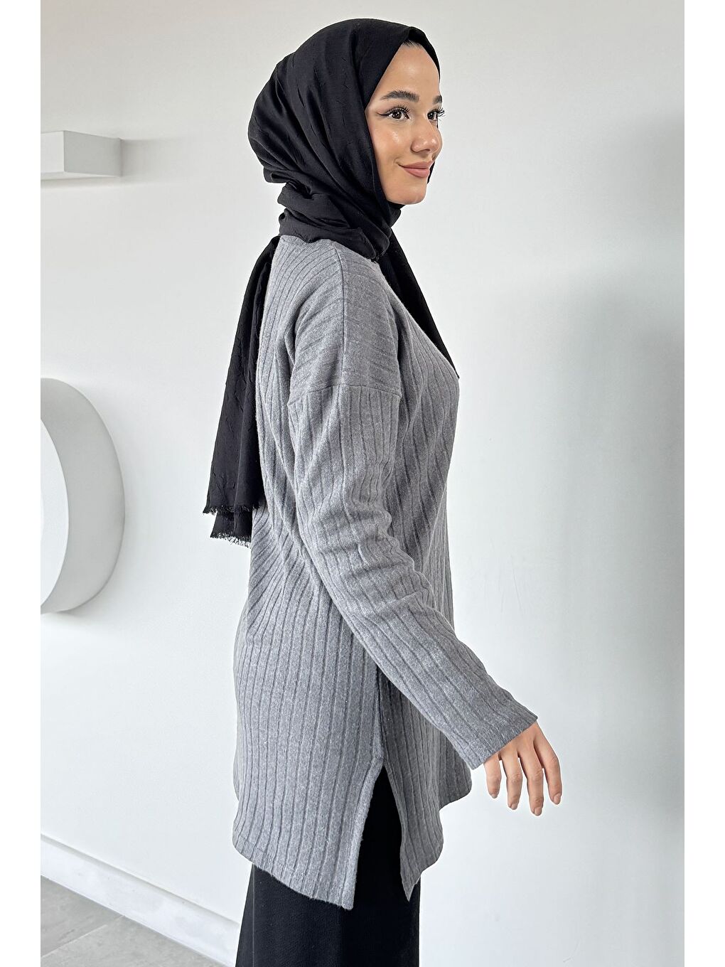 Gri Fitilli Kadın Tesettür Tunik-4