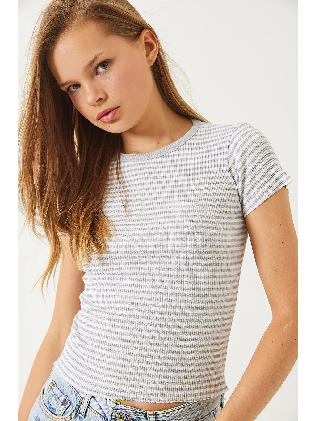 Gri Kadın Çizgili Fitilli Kaşkorse Basic T-Shirt