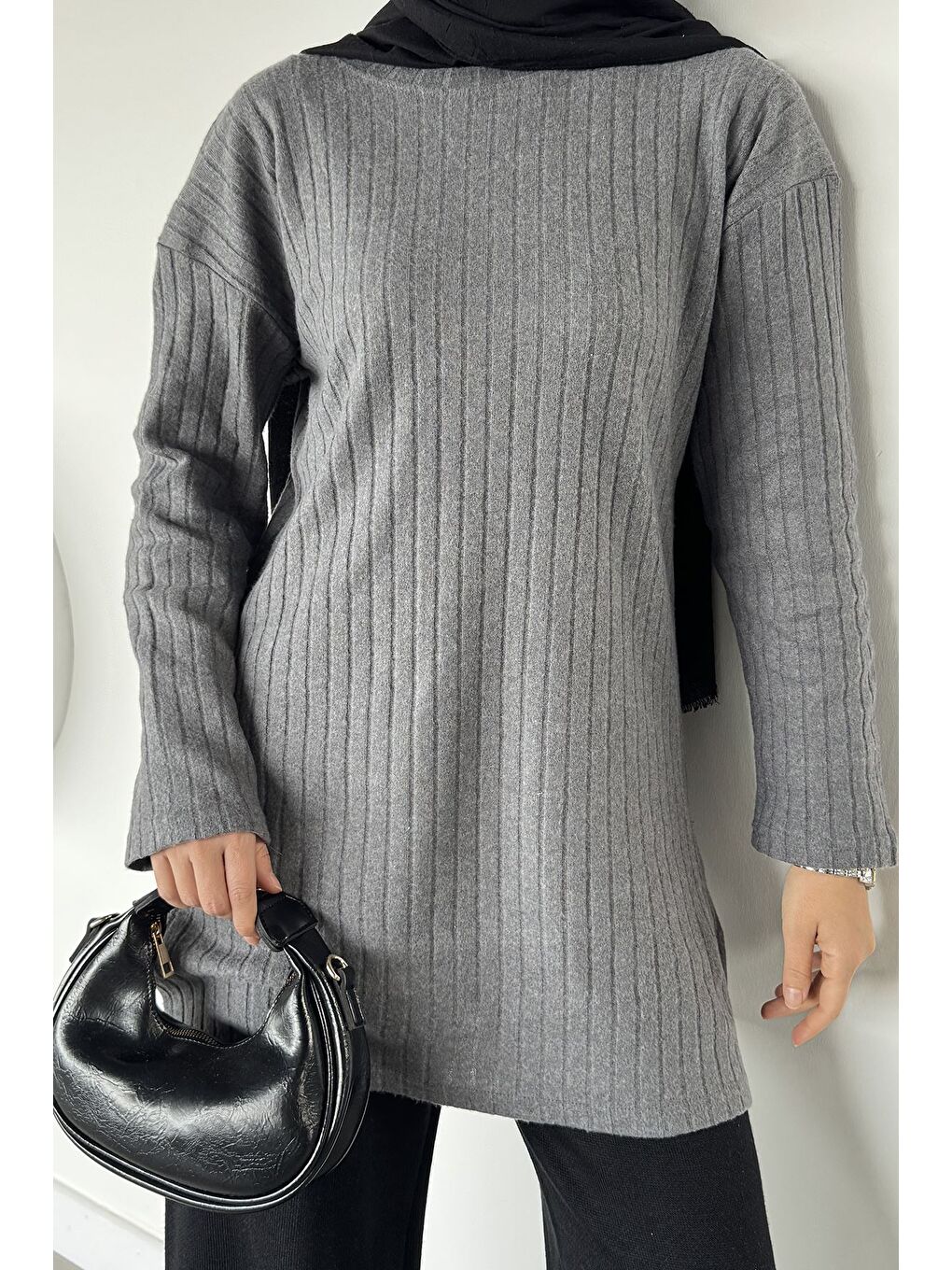 Gri Fitilli Kadın Tesettür Tunik-7