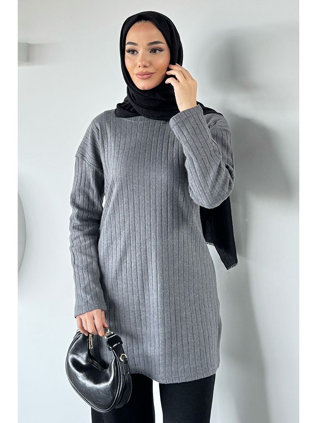 Gri Fitilli Kadın Tesettür Tunik-8