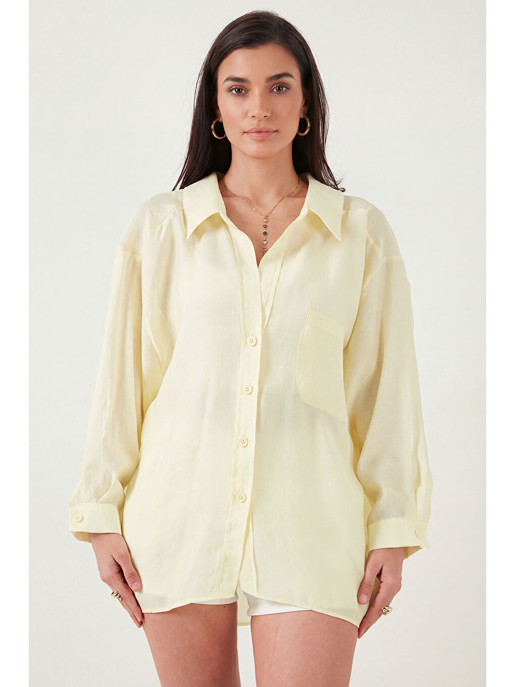 Sarı Modal Oversize Fit Uzun Kollu Kadın Gömlek 6834612-1