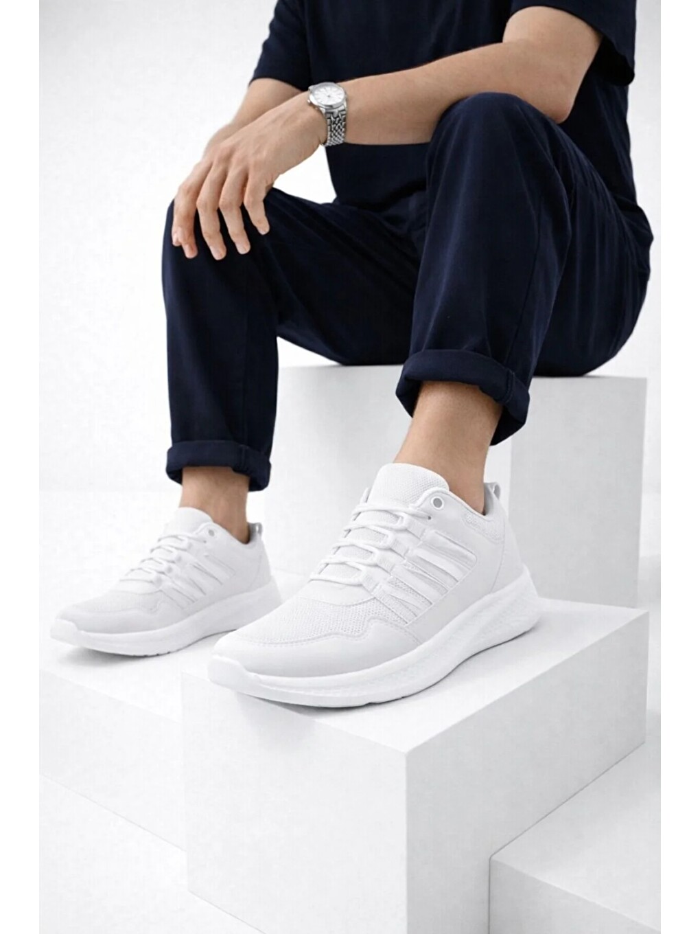 Beyaz Erkek Günlük Spor Ayakkabı Hafif Taban Nefes Alabilen Fileli Kaymaz Rahat Sneaker-1