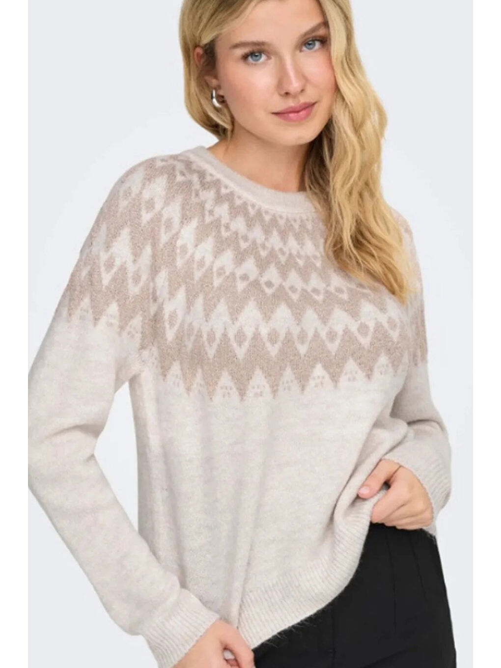 Bej Onlfry Desenli Regular Fit Bisiklet Yaka Örme Kazak 15350618