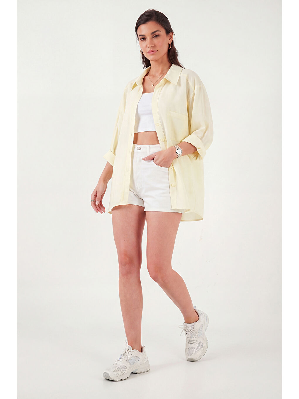 Sarı Modal Oversize Fit Uzun Kollu Kadın Gömlek 6834612-2