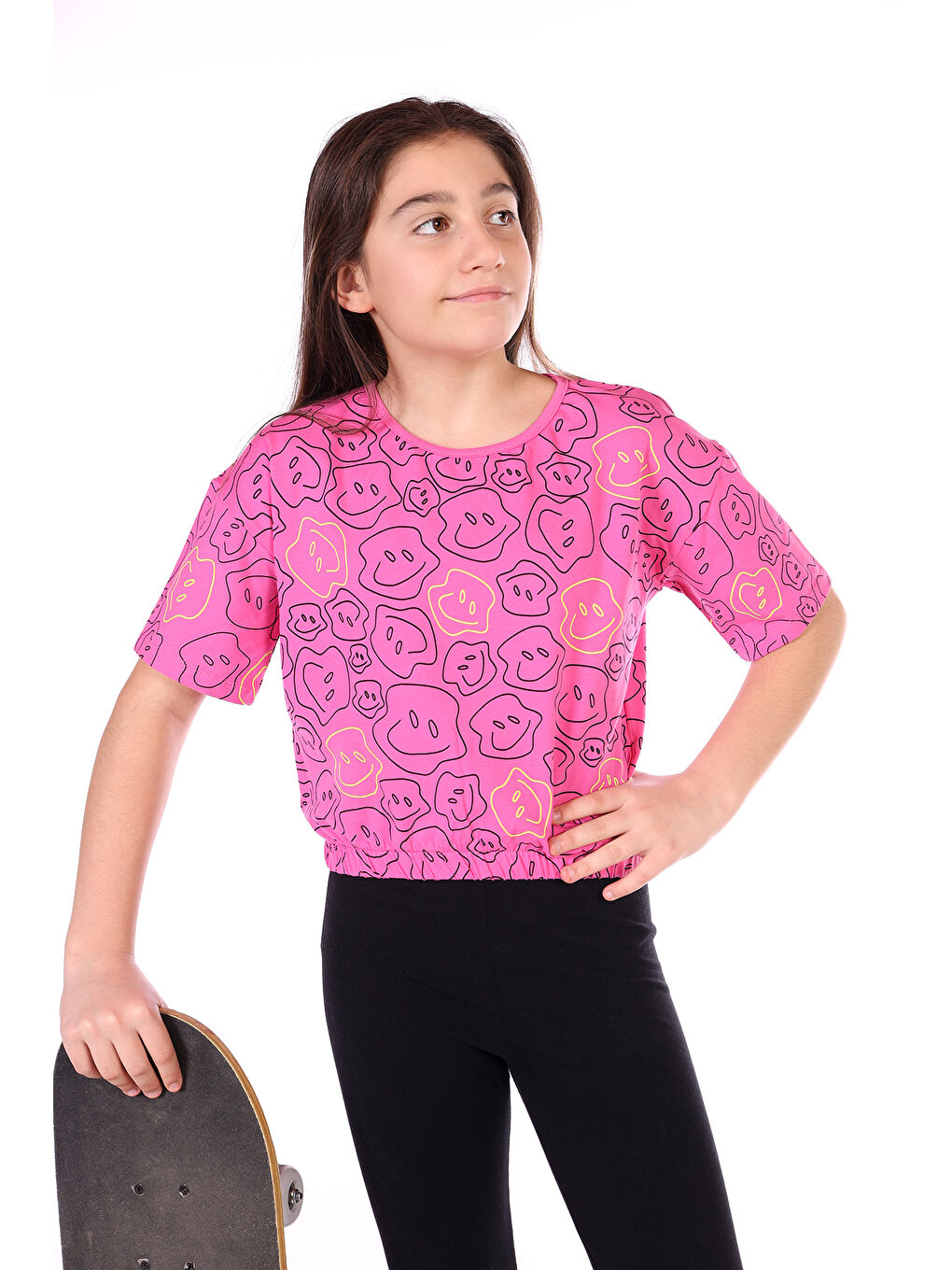 Fuşya Kız Çocuk Komple Gülen Yüz Baskılı Tişört