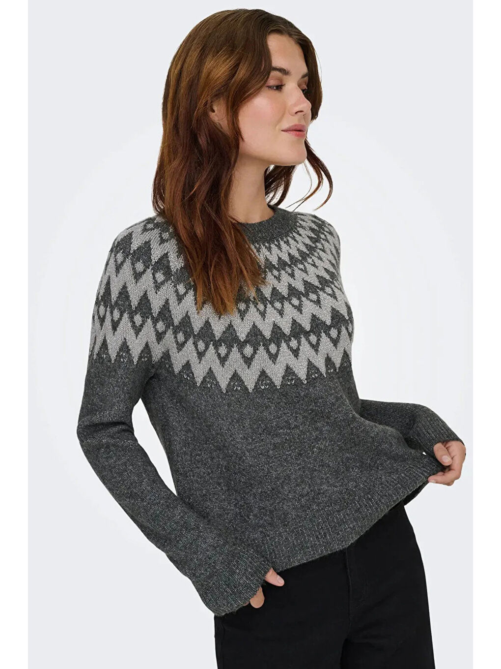 Gri Onlfry Desenli Regular Fit Bisiklet Yaka Örme Kazak 15350618-1