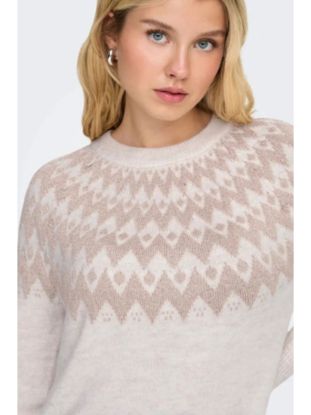 Bej Onlfry Desenli Regular Fit Bisiklet Yaka Örme Kazak 15350618-1