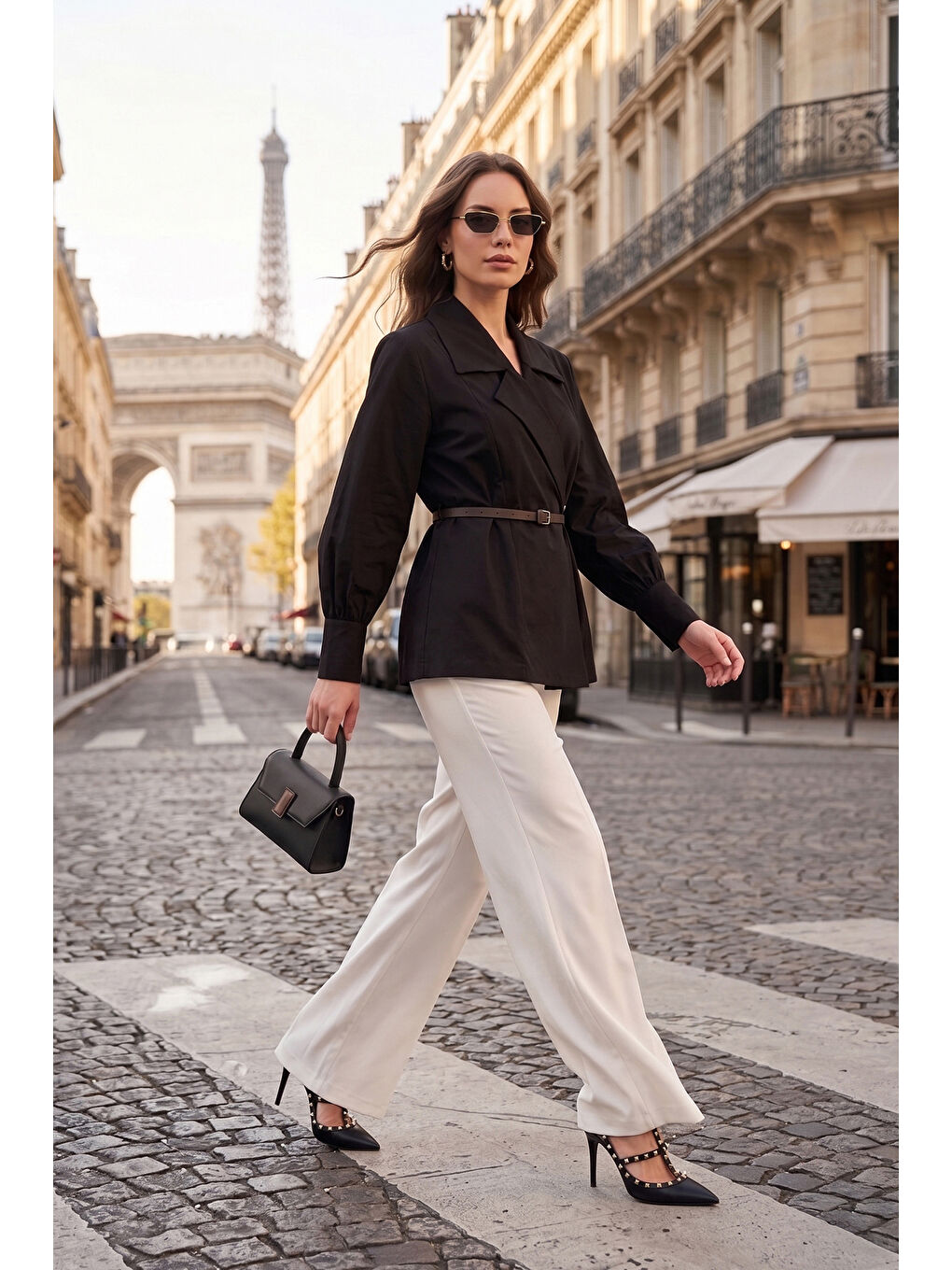 Siyah Kruvaze Yaka Kemerli Balon Kollu Pamuklu Kadın Gömlek 6835057