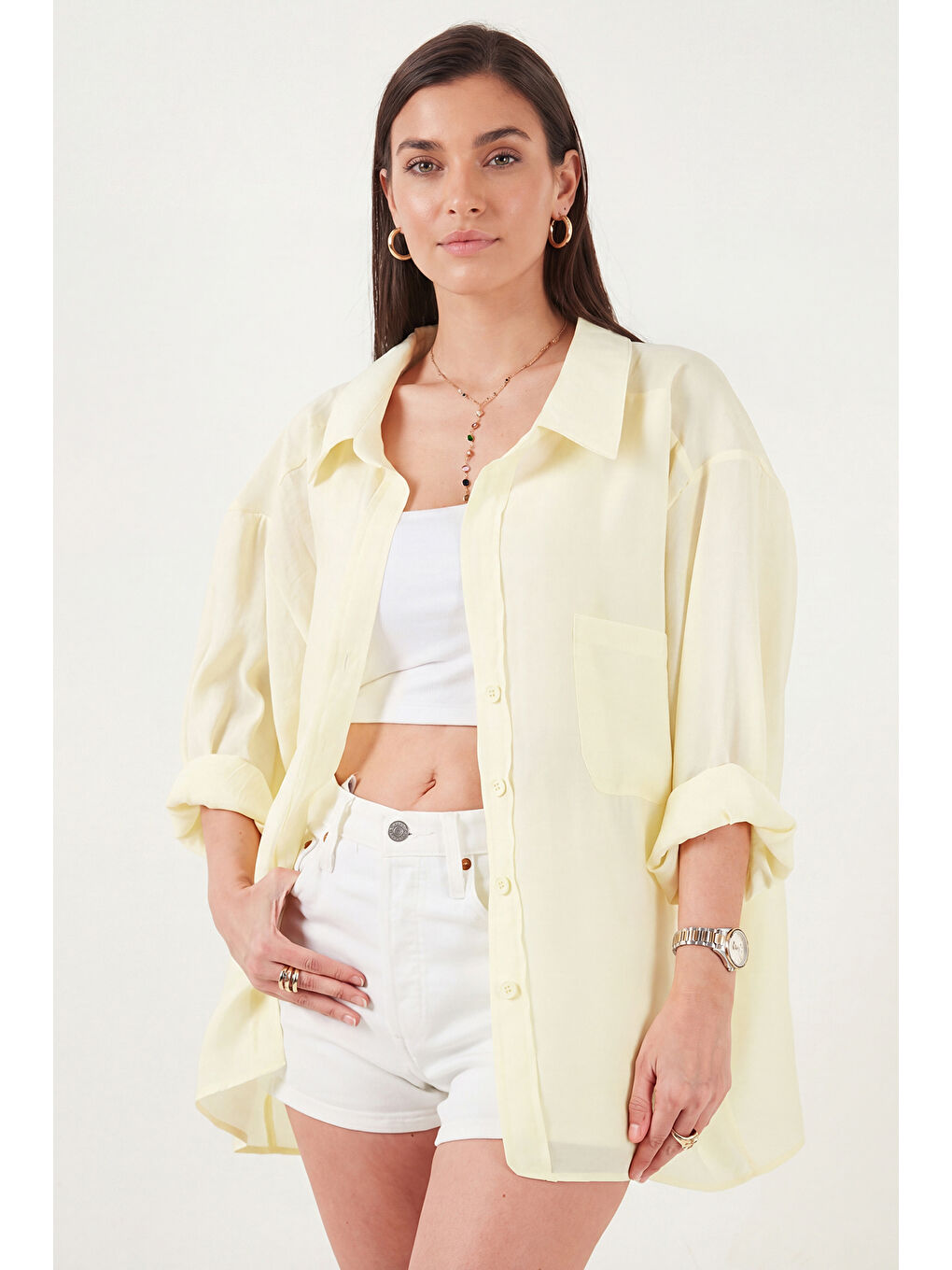 Sarı Modal Oversize Fit Uzun Kollu Kadın Gömlek 6834612-3