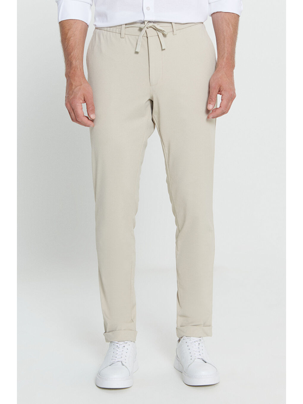 Erkek Bej Slim Fit Dar Kesim Beli Bağlamalı Esnek Pantolon