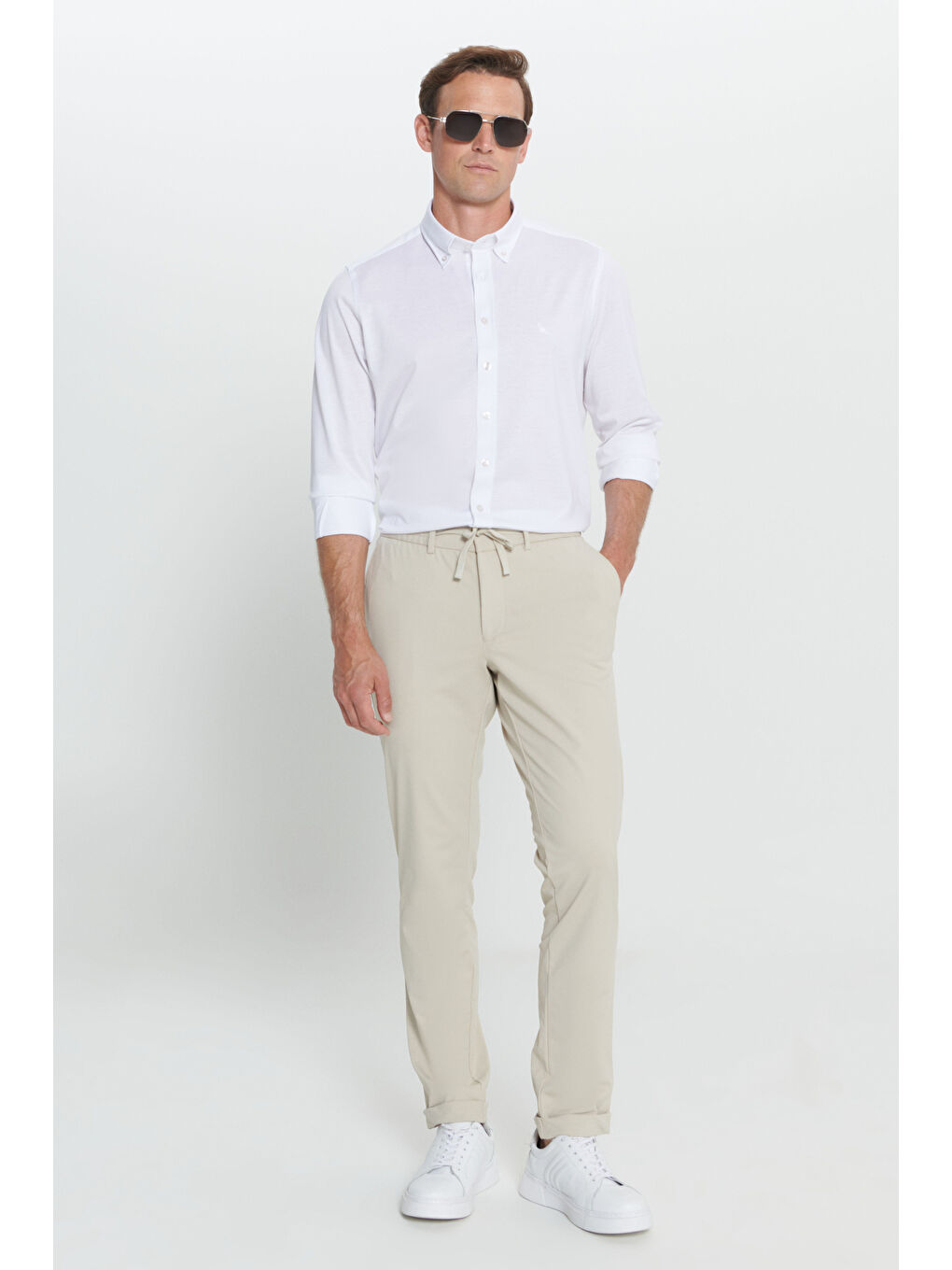 Erkek Bej Slim Fit Dar Kesim Beli Bağlamalı Esnek Pantolon-1