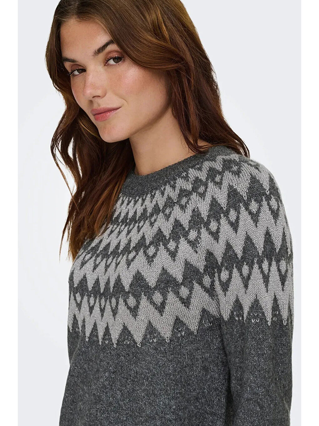 Gri Onlfry Desenli Regular Fit Bisiklet Yaka Örme Kazak 15350618-2