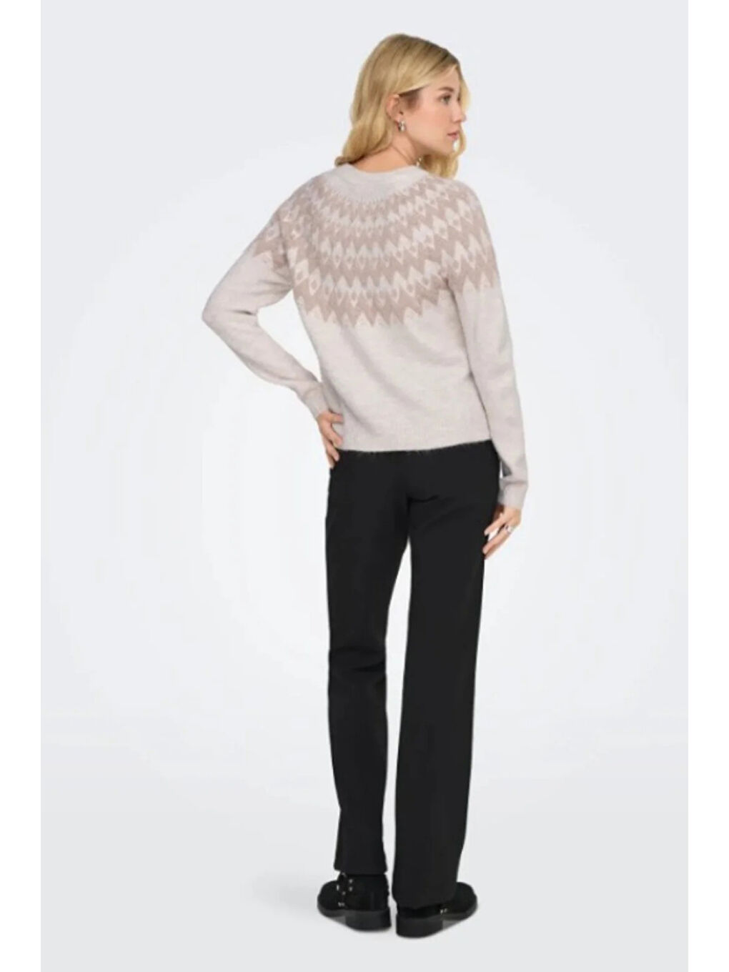 Bej Onlfry Desenli Regular Fit Bisiklet Yaka Örme Kazak 15350618-3