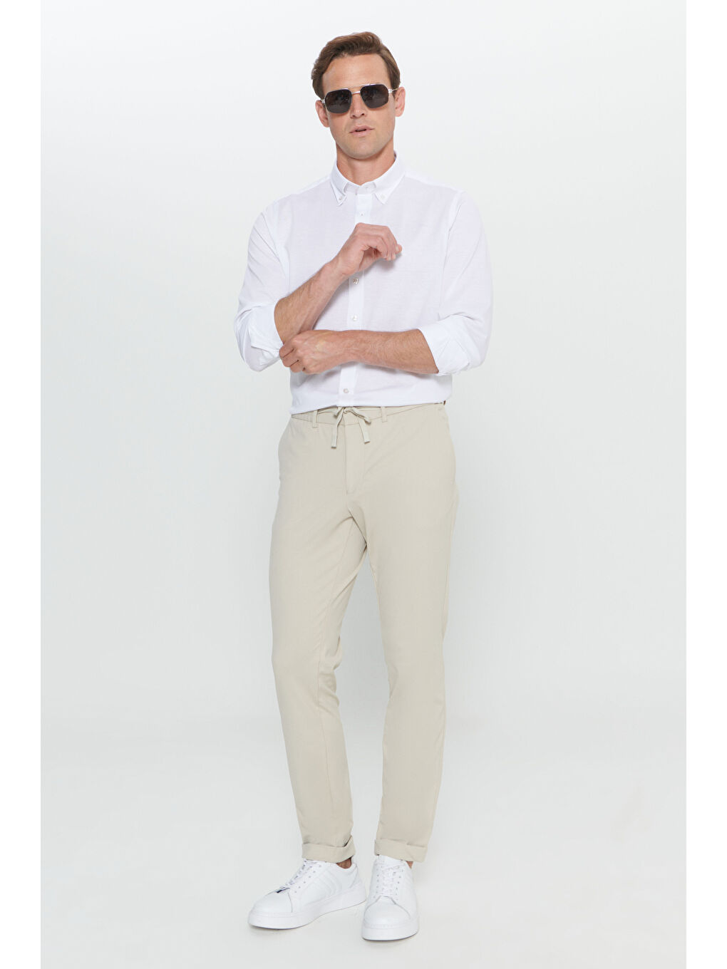 Erkek Bej Slim Fit Dar Kesim Beli Bağlamalı Esnek Pantolon-2