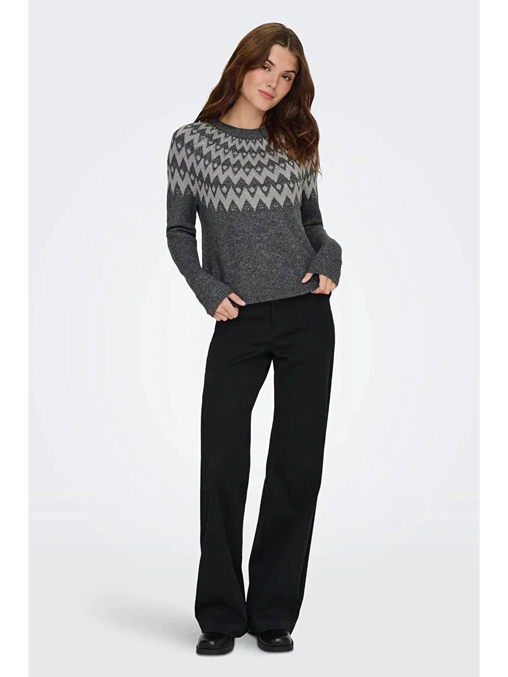 Gri Onlfry Desenli Regular Fit Bisiklet Yaka Örme Kazak 15350618-3