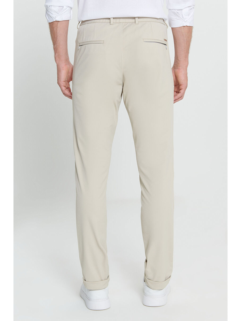 Erkek Bej Slim Fit Dar Kesim Beli Bağlamalı Esnek Pantolon-4