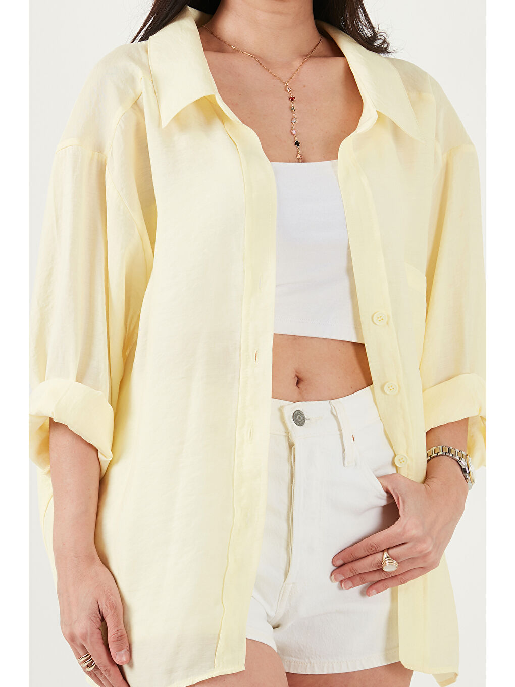 Sarı Modal Oversize Fit Uzun Kollu Kadın Gömlek 6834612-4