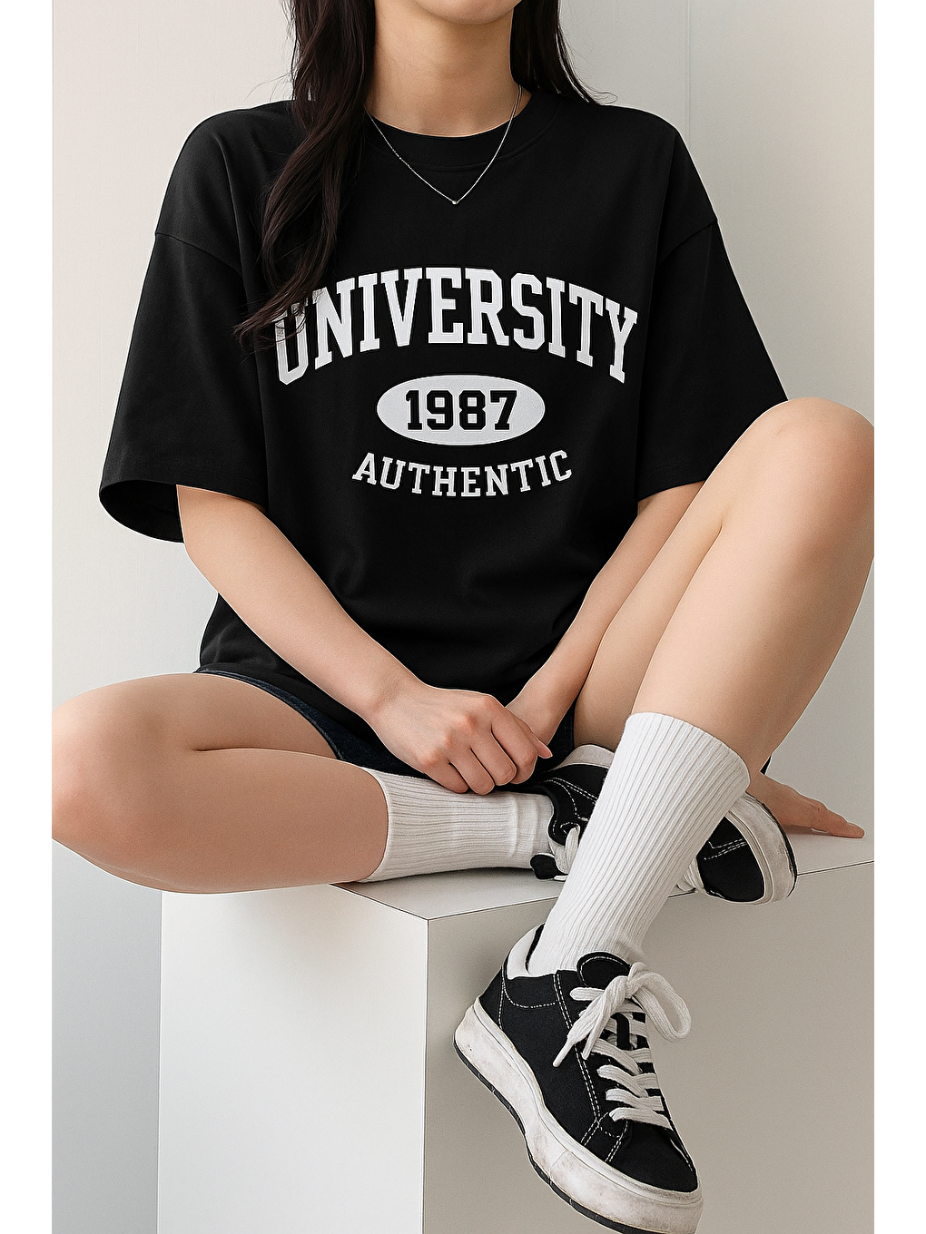 Siyah Kadın Tişört Baskılı Uzun T-shirt Pamuklu Oversize Tişört UNIVERSİTY-KADIN