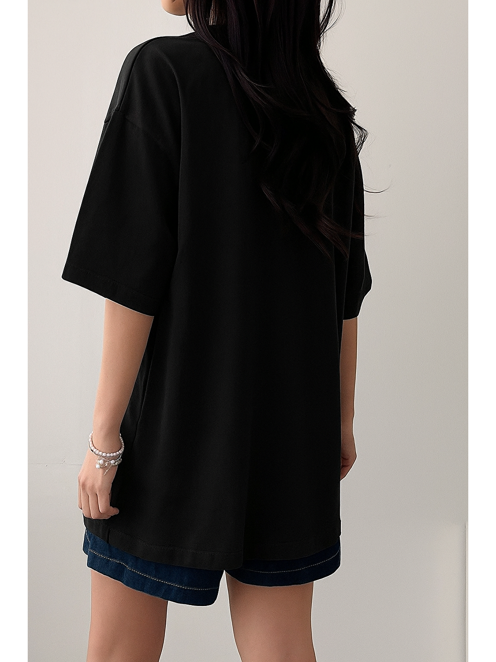 Siyah Kadın Tişört Baskılı Uzun T-shirt Pamuklu Oversize Tişört UNIVERSİTY-KADIN-1
