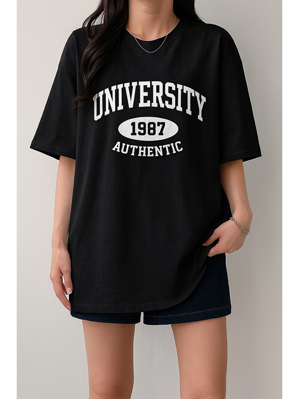 Siyah Kadın Tişört Baskılı Uzun T-shirt Pamuklu Oversize Tişört UNIVERSİTY-KADIN-2