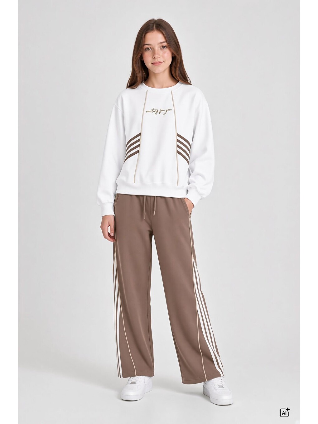 Kahverengi Kız Çocuk Şeritli Sweatshirt Geniş Paça Eşofman Takımı 24682