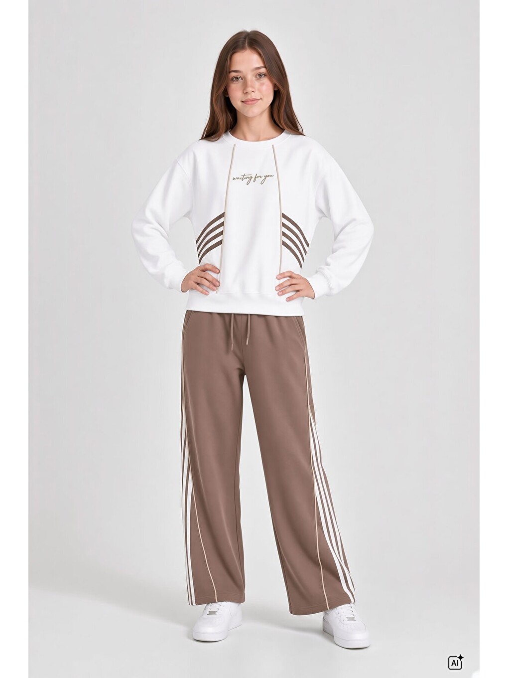 Kahverengi Kız Çocuk Şeritli Sweatshirt Geniş Paça Eşofman Takımı 24682-1