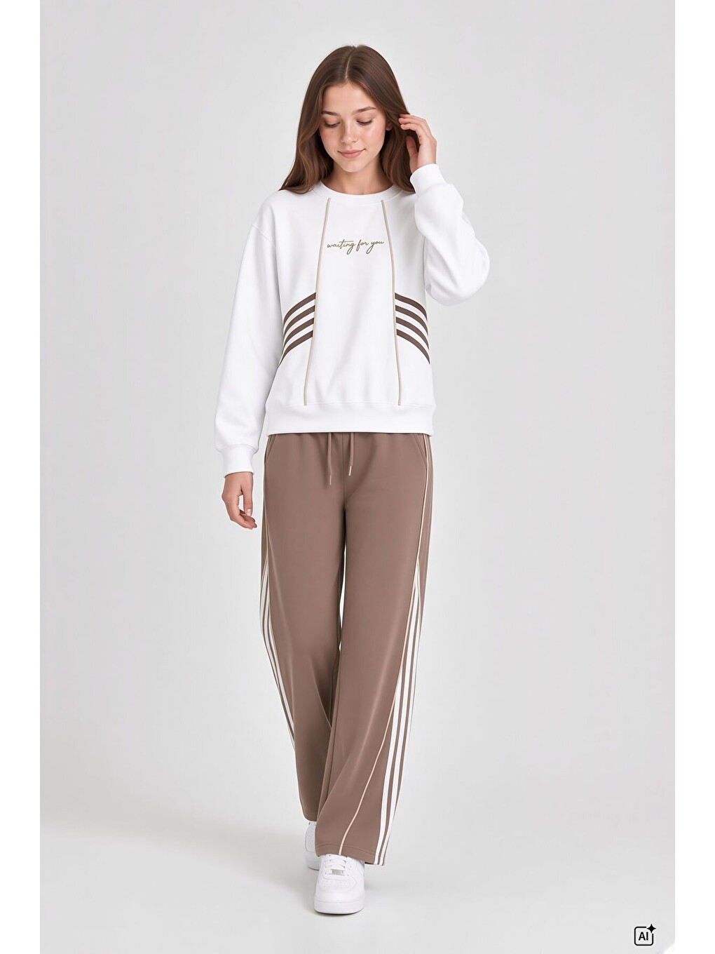 Kahverengi Kız Çocuk Şeritli Sweatshirt Geniş Paça Eşofman Takımı 24682-2