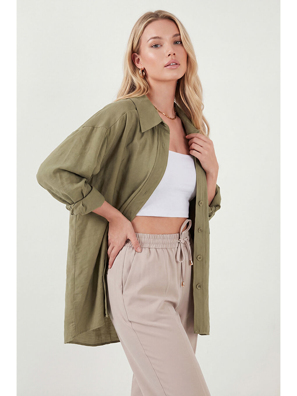 Haki Modal Oversize Fit Uzun Kollu Kadın Gömlek 6834612-2