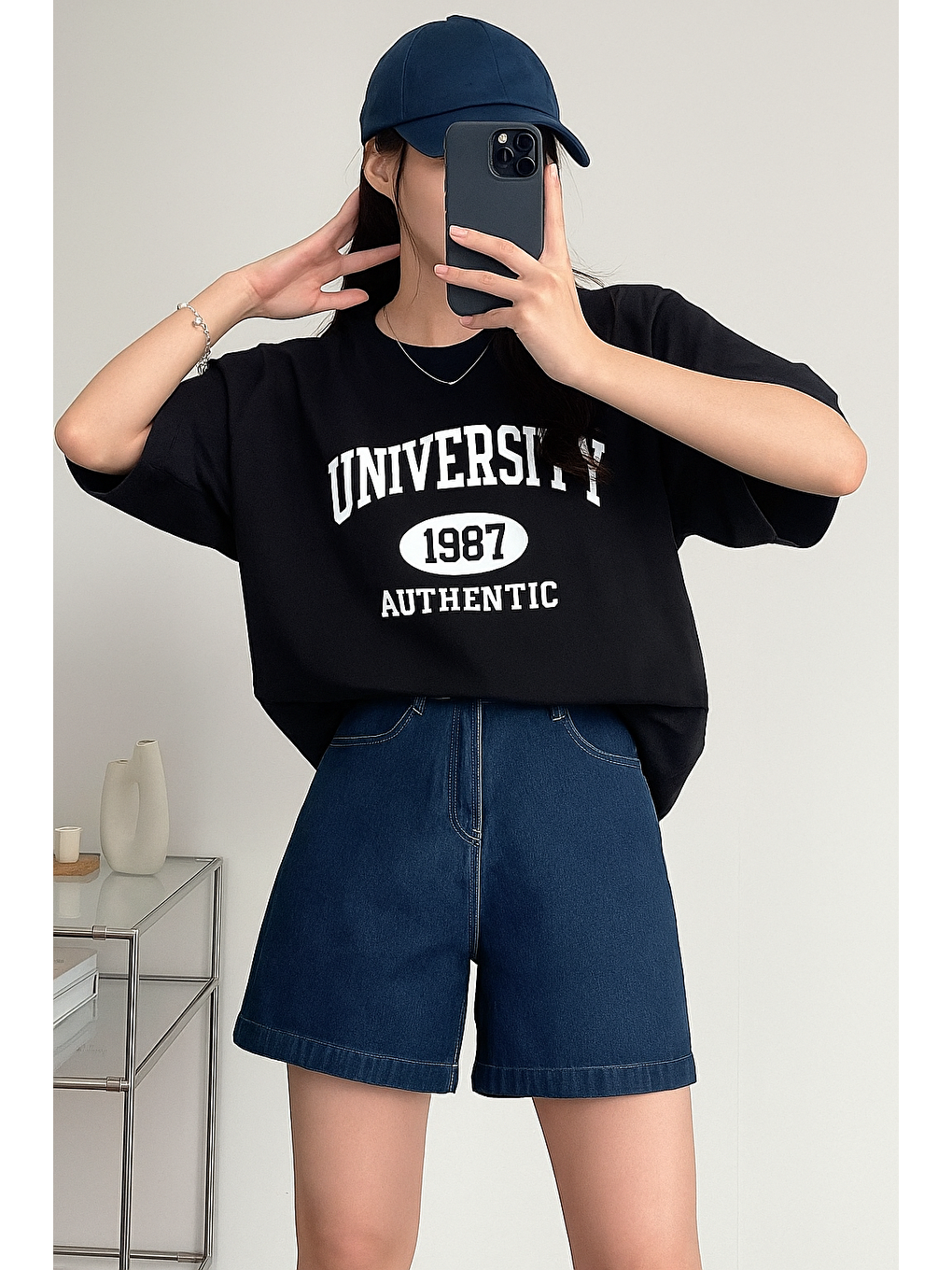 Siyah Kadın Tişört Baskılı Uzun T-shirt Pamuklu Oversize Tişört UNIVERSİTY-KADIN-3