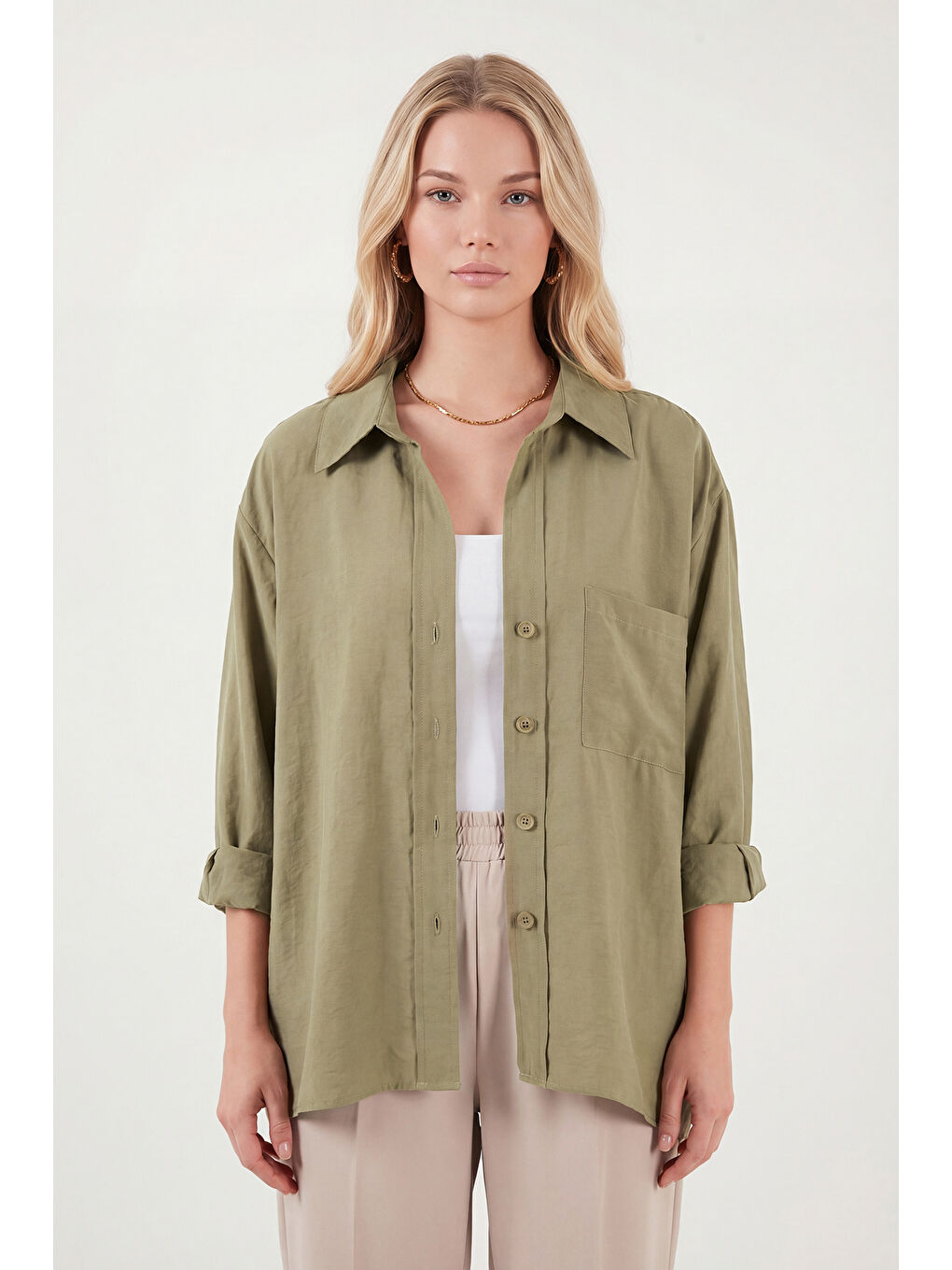 Haki Modal Oversize Fit Uzun Kollu Kadın Gömlek 6834612-3