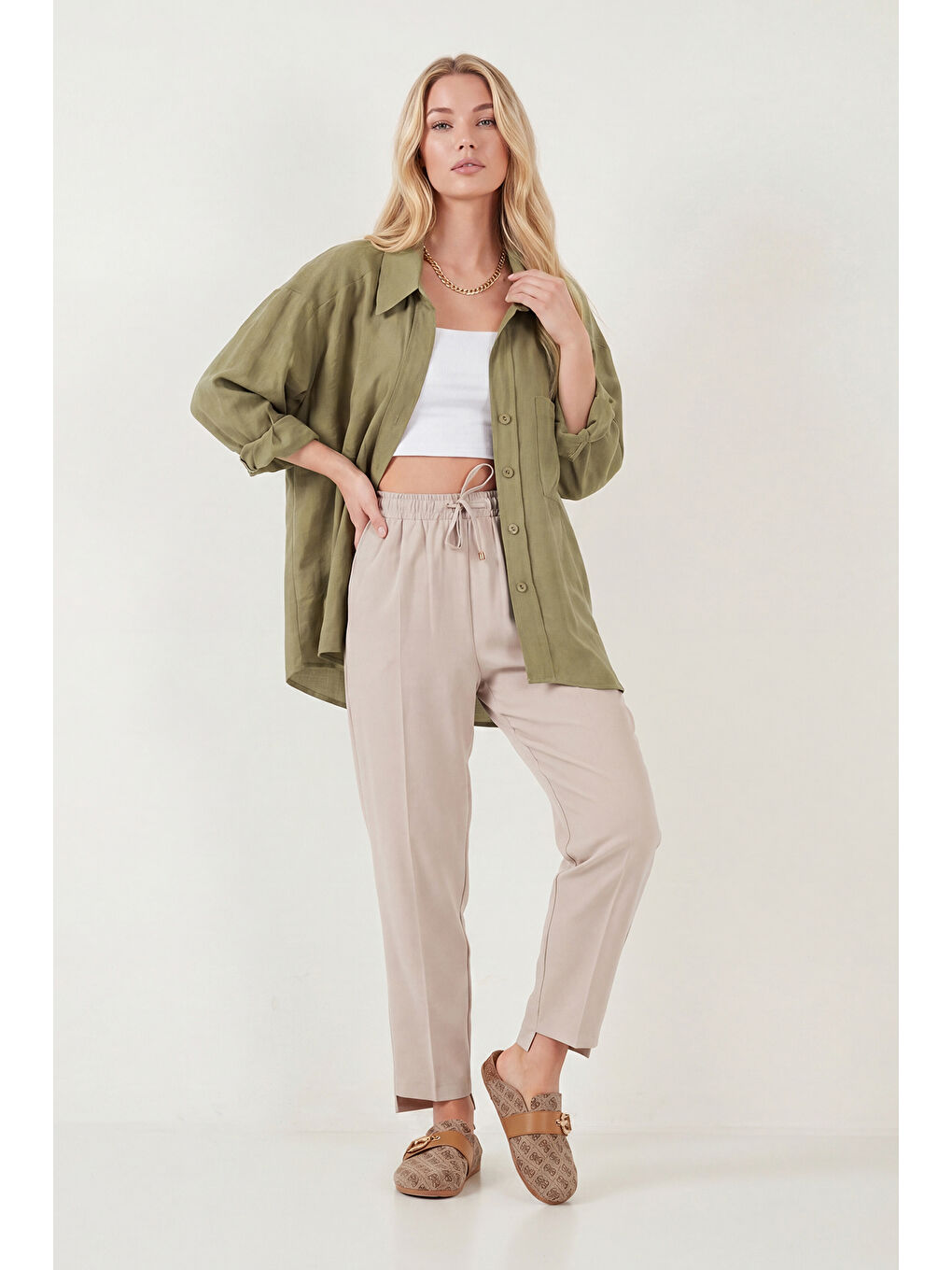 Haki Modal Oversize Fit Uzun Kollu Kadın Gömlek 6834612-4