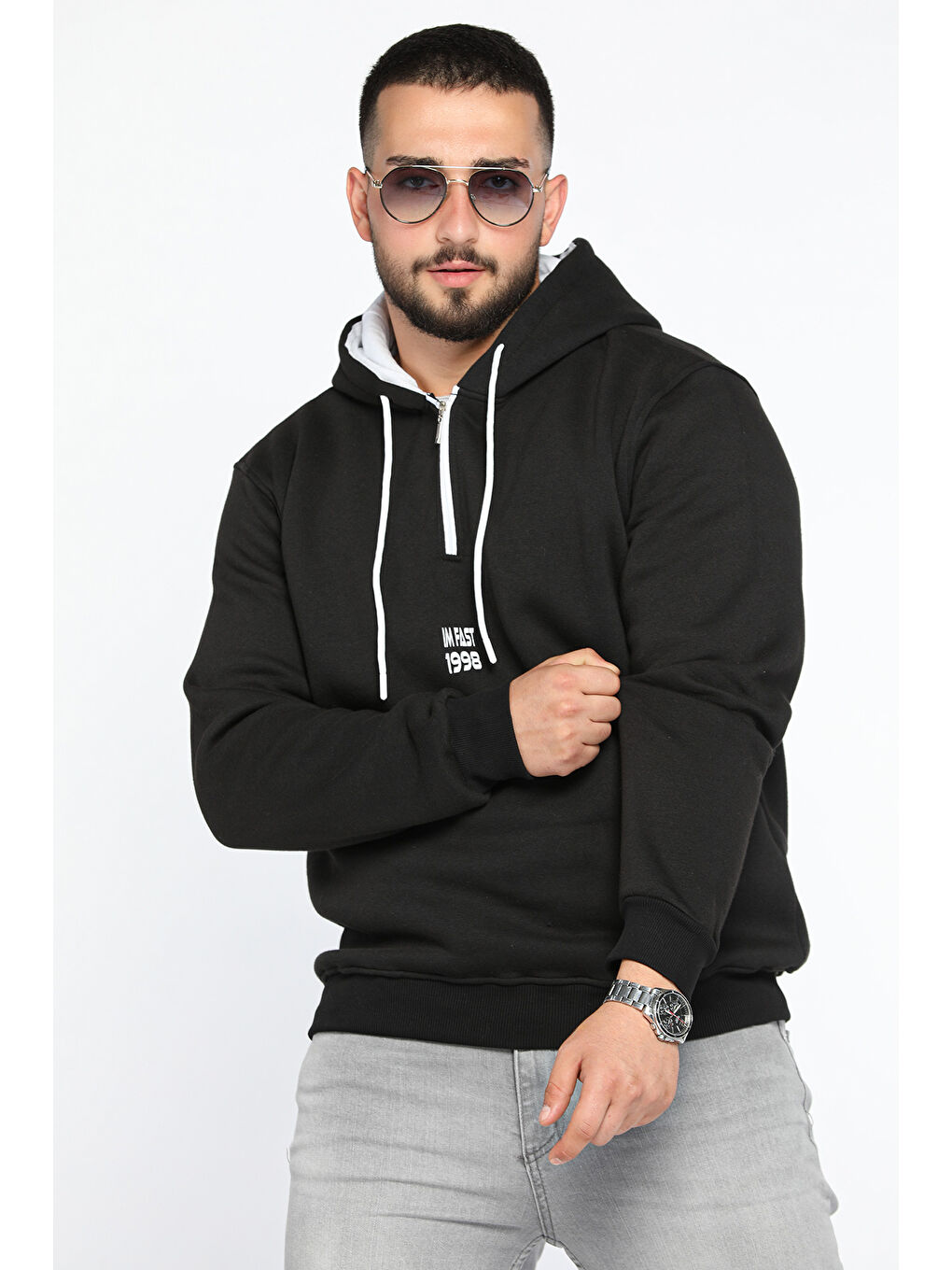 Mishar İtalia Siyah Erkek Kapüşonlu Yarım Fermuarlı Şardonlu Slim Fit Üç İplik Sweatshirt