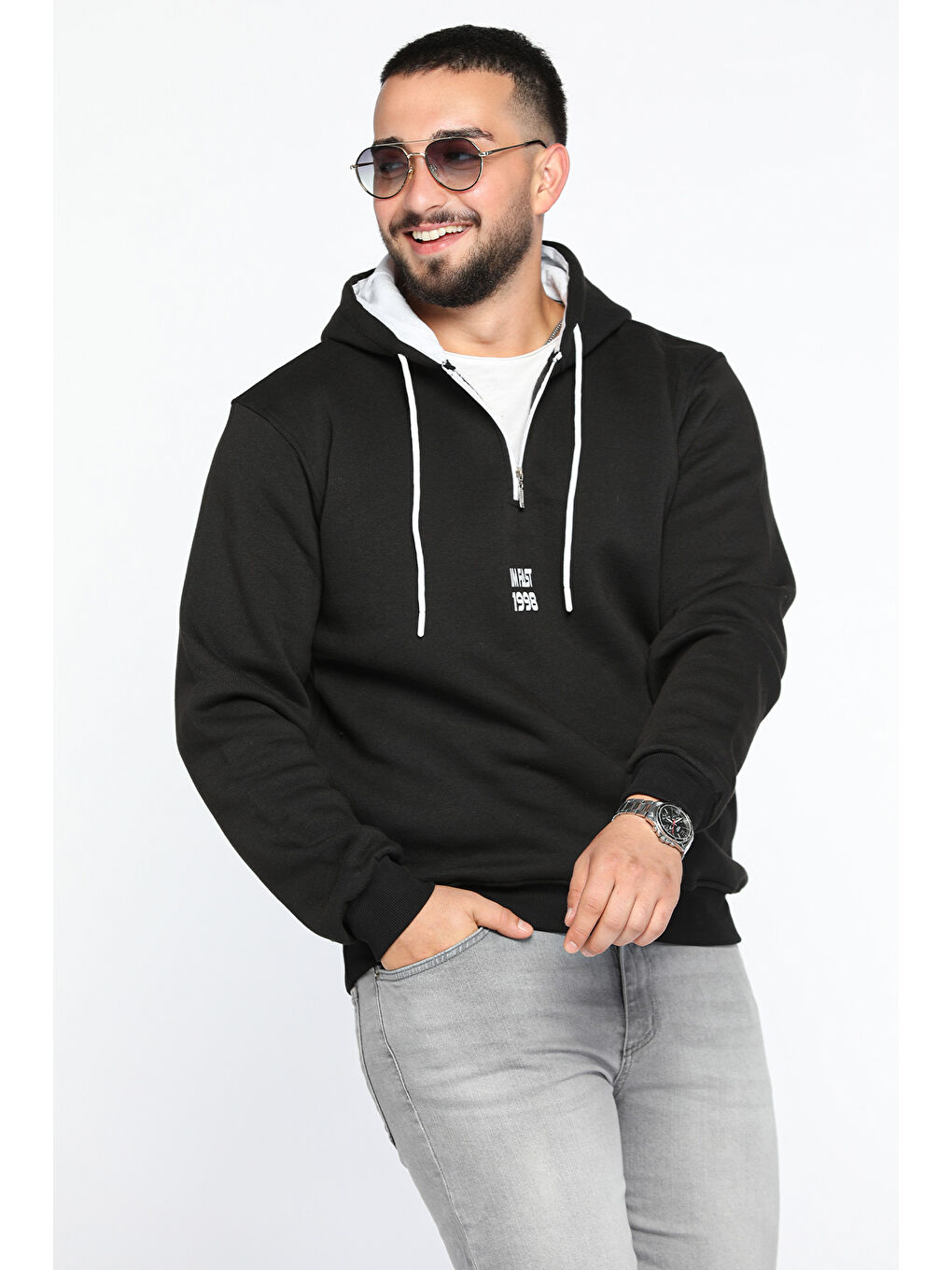 Mishar İtalia Siyah Erkek Kapüşonlu Yarım Fermuarlı Şardonlu Slim Fit Üç İplik Sweatshirt - 1