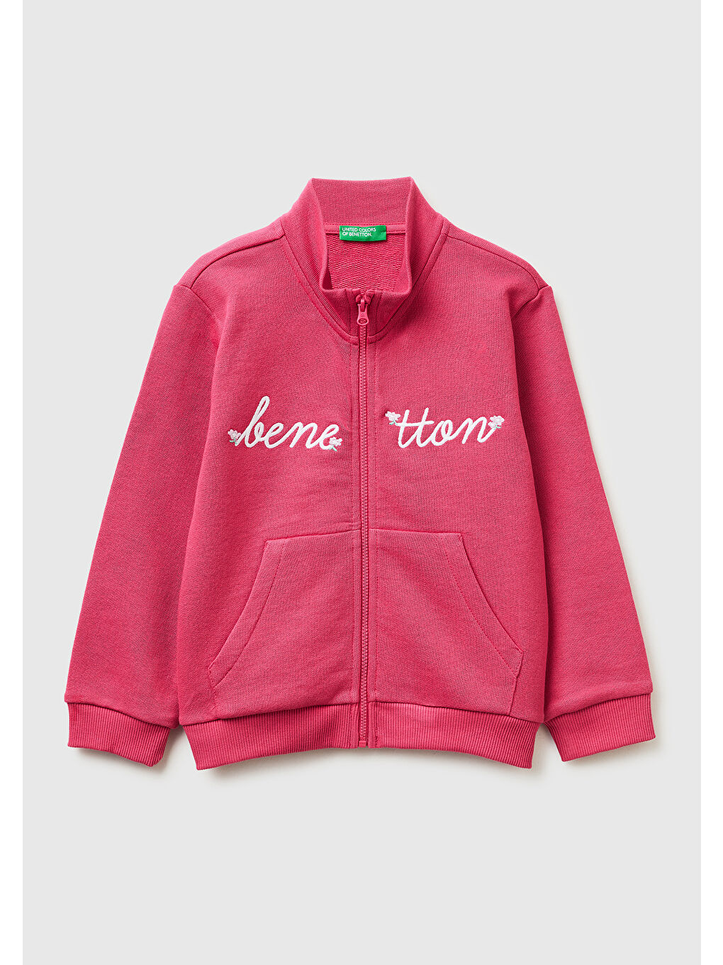 Kız Çocuk Koyu Pembe Simli Grafik Baskılı Logolu Cepli Fermuarlı Sweatshirt