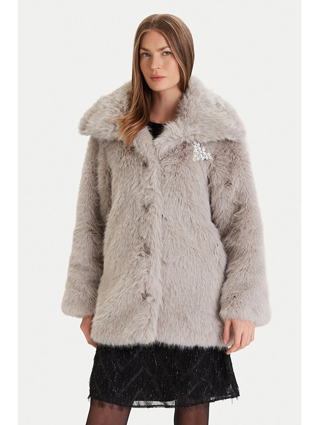 Bej Onlashia Regular Fit Yumuşak Tüylü Şal Yaka Mont 15356621